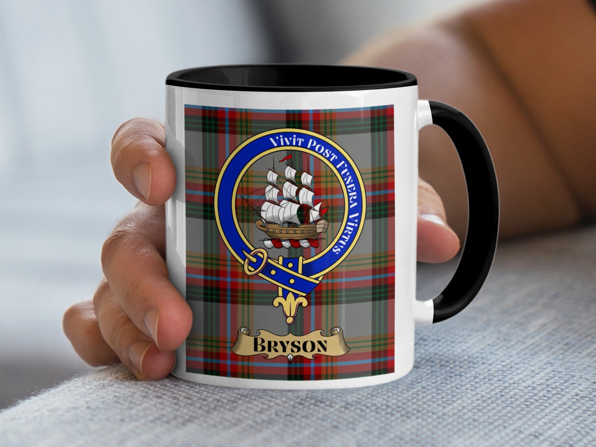 Bryson Family Crest Plaid Background Personalized Mug - Living Stone Gifts