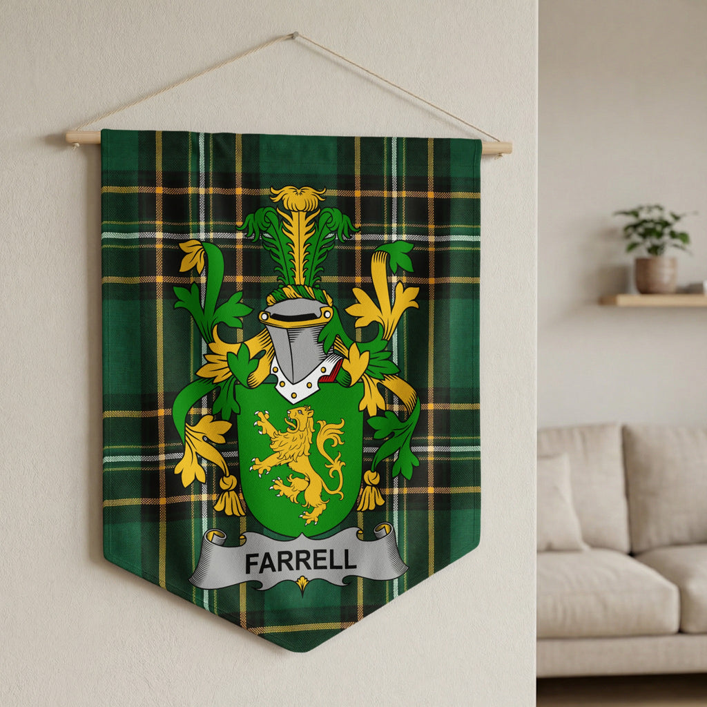 Green plaid banner with Farrell family crest featuring a lion.