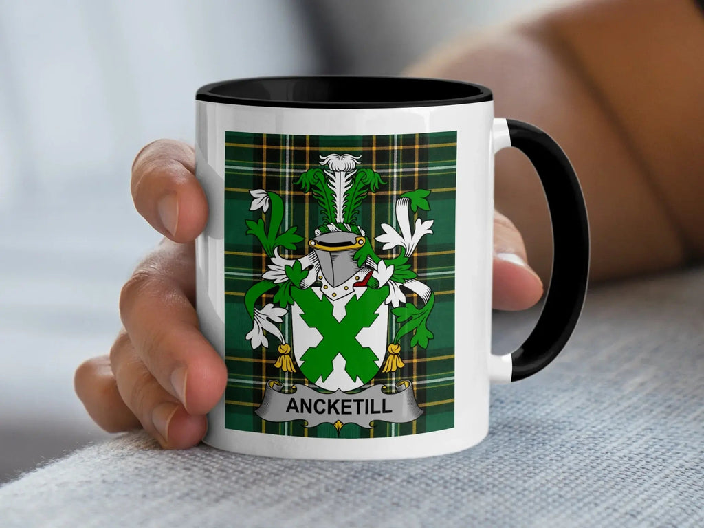 Ancketill Irish heritage accent mug with black handle and family crest on Irish National Tartan