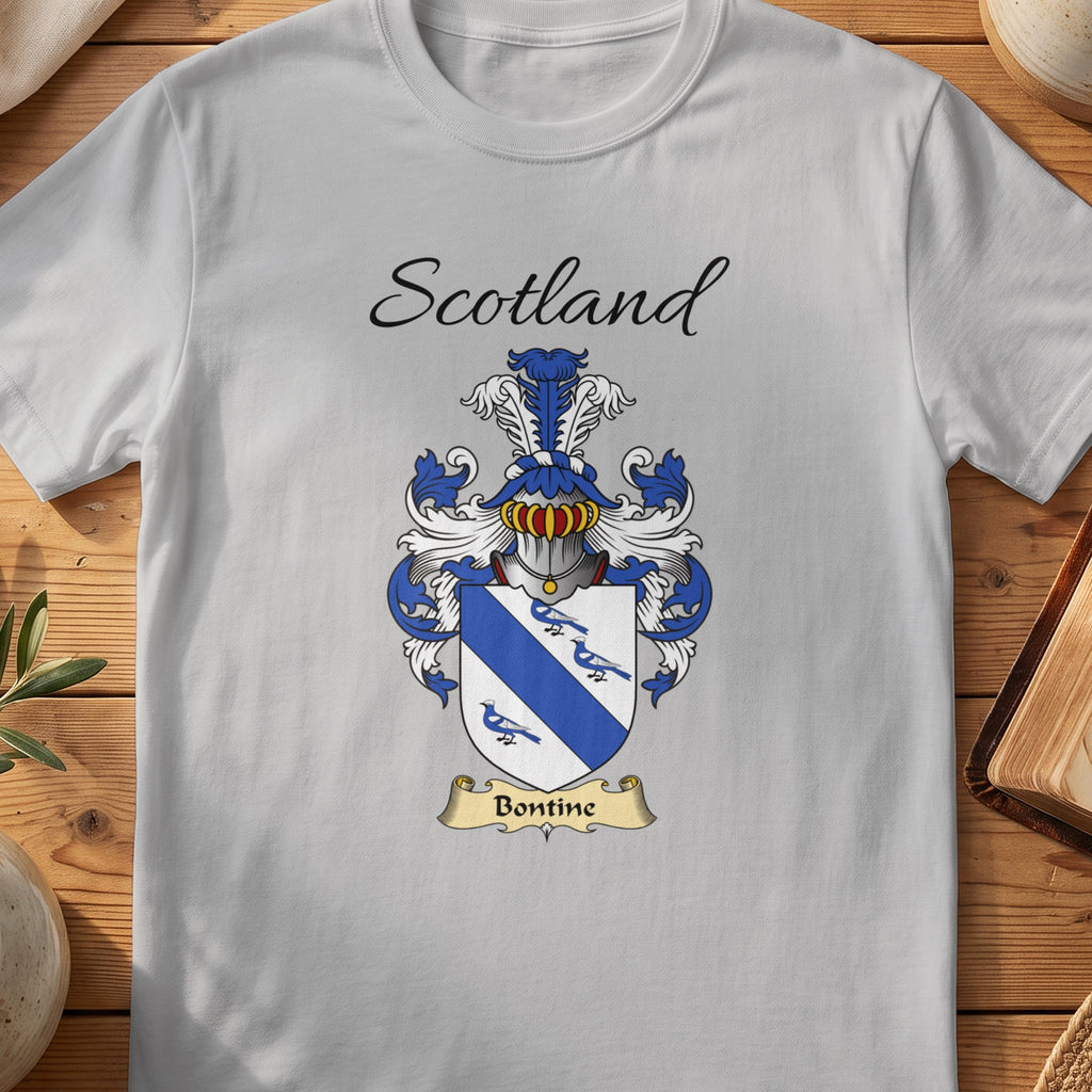 Sport Grey Bontine Scottish family shield T-shirt featuring a blue diagonal band and small blue bird motifs