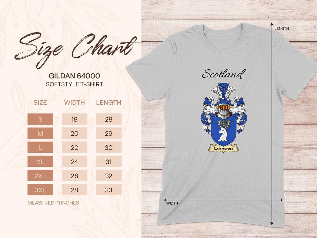 Gildan 64000 size chart for the Cairncross unisex T-shirt, sizes S to 3XL
