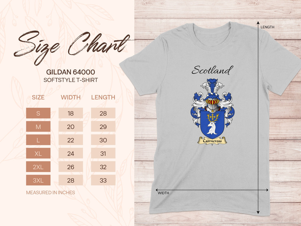 Gildan 64000 size chart for the Cairncross unisex T-shirt, sizes S to 3XL