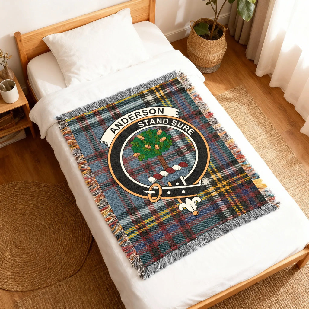 Anderson heritage woven blanket draped — tartan pattern running through the woven fabric