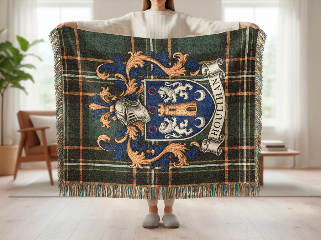 Houlihan Irish National Tartan woven blanket with family crest and fringed edges