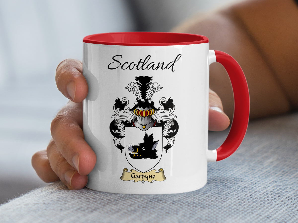Gardyne Scotland coat of arms mug in white ceramic with red handle and interior