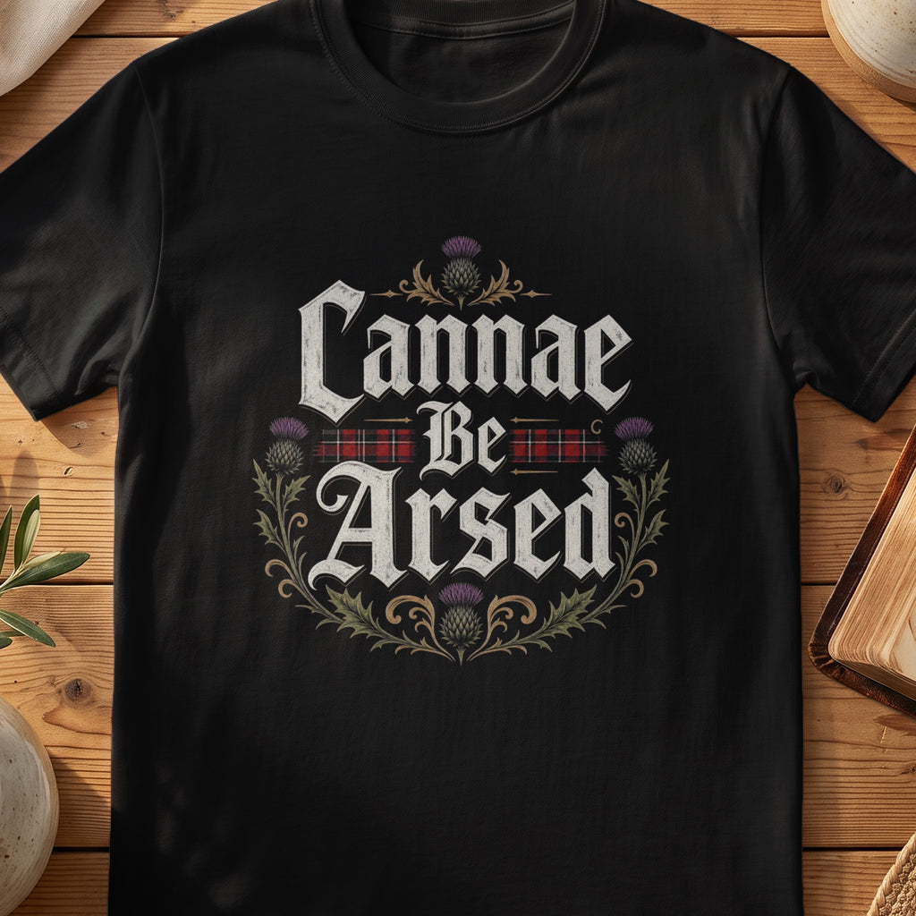Black Gildan 64000 unisex T-shirt flatlay with Cannae Be Arsed Scottish graphic design
