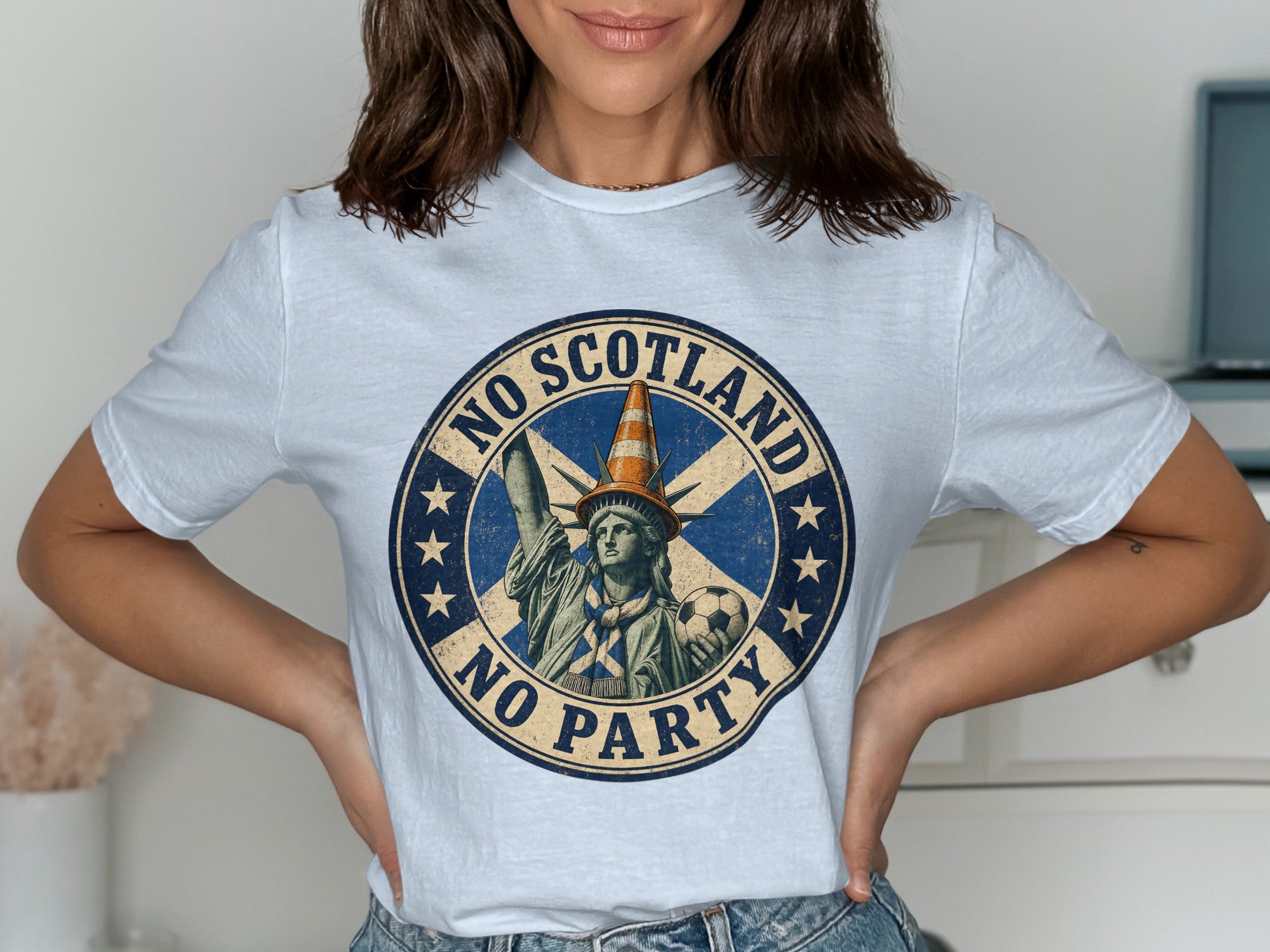 Statue of Liberty with soccer ball and Scotland scarf, text "NO SCOTLAND NO PARTY".