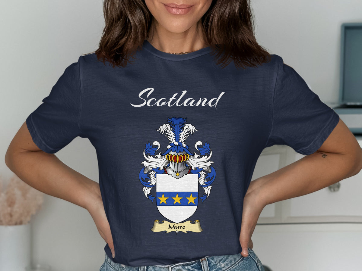 Mure Scottish family shield design on Navy T-shirt