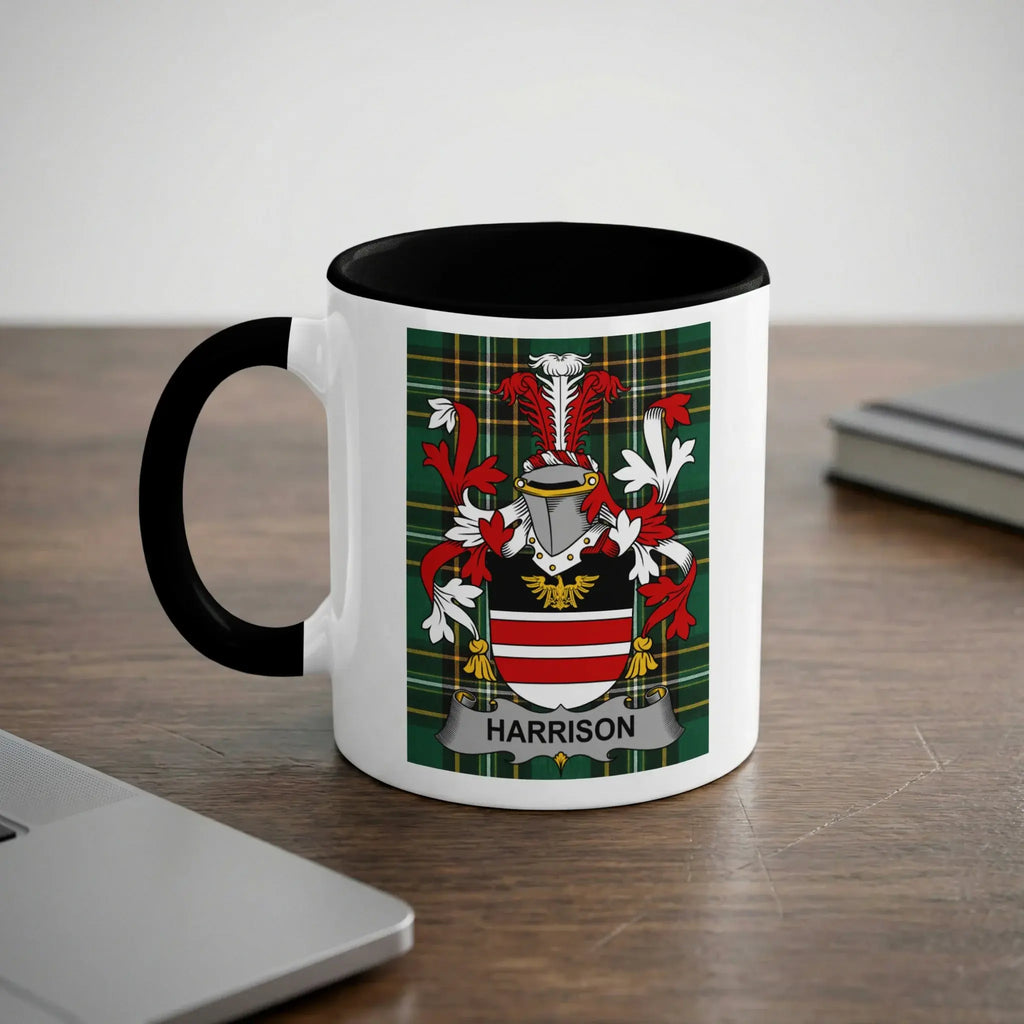White mug with black rim featuring the Harrison family crest on a checkered background.