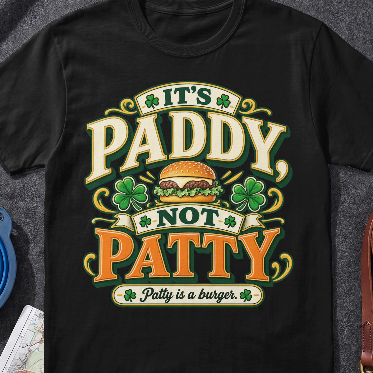 It's Paddy Not Patty Irish graphic T-shirt in Black, flat-lay mockup