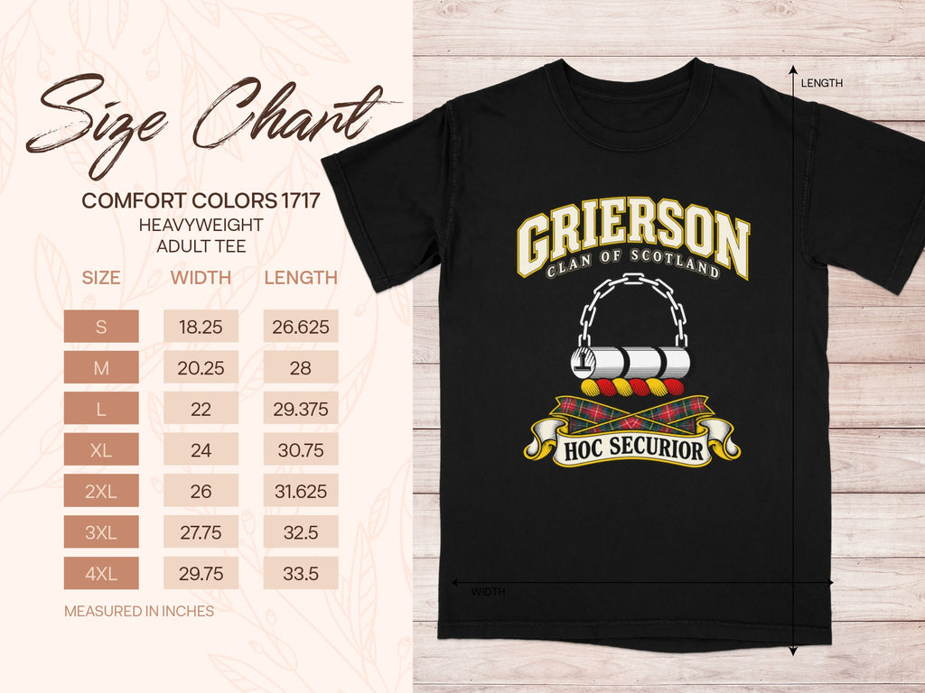 Comfort Colors 1717 size chart for the Grierson Scottish clan T-shirt, adult sizes S–4XL.