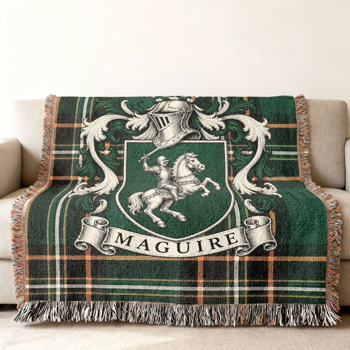 Maguire family crest on Irish National Tartan woven blanket, detailed design