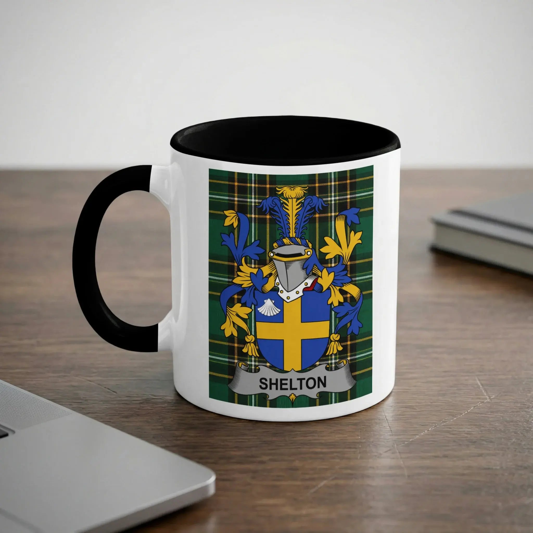 Shelton Irish heritage mug with black interior and surname crest