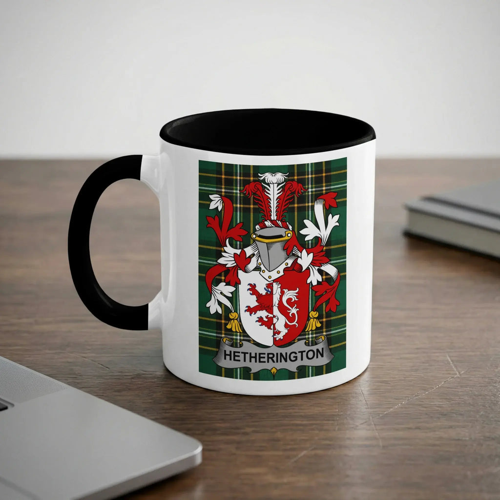 White mug with black handle featuring the Hetherington family crest.