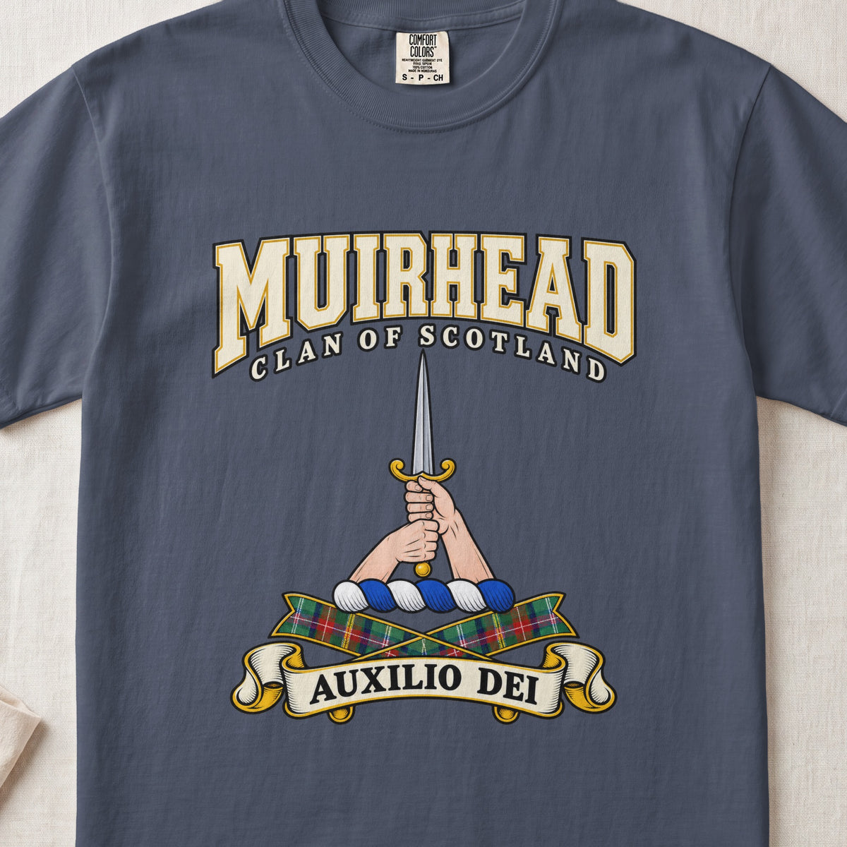 Muirhead Scottish clan graphic T-shirt in Midnight, front view