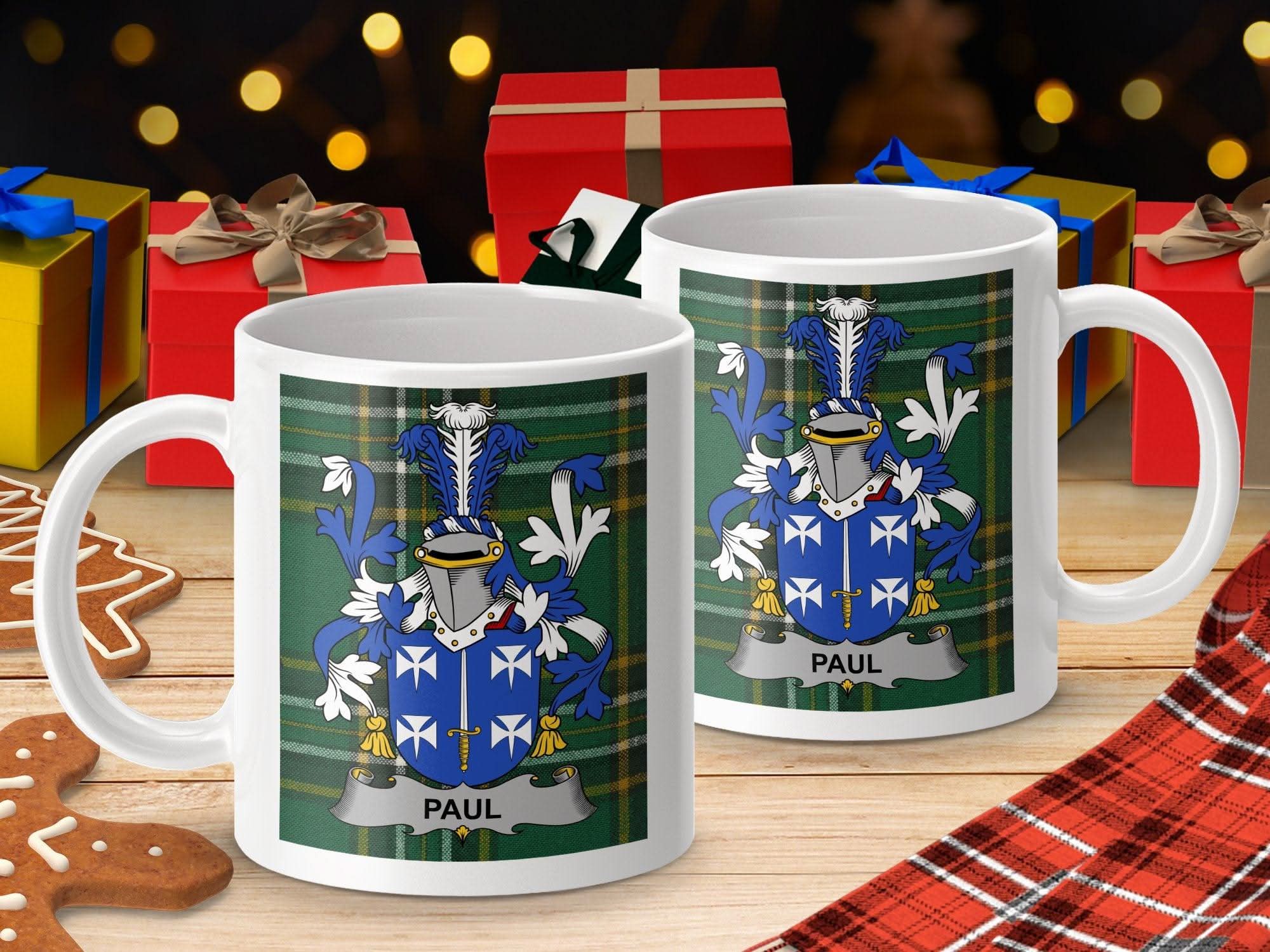 Paul Surname Family Crest Irish Tartan Mug - Celtic Ancestry Gifts