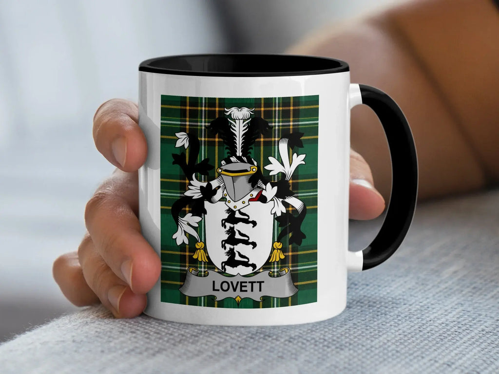 Lovett Irish family crest black accent mug