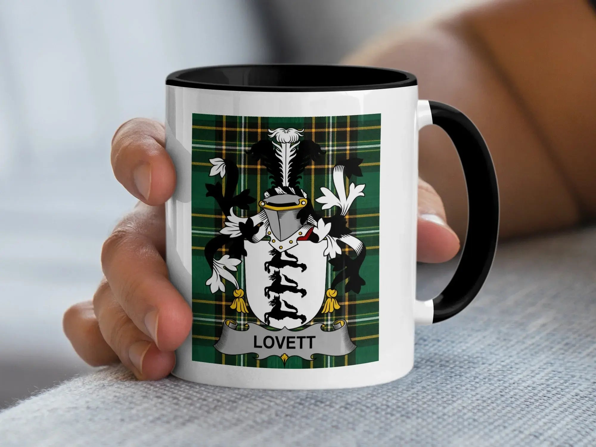 Lovett Irish family crest black accent mug