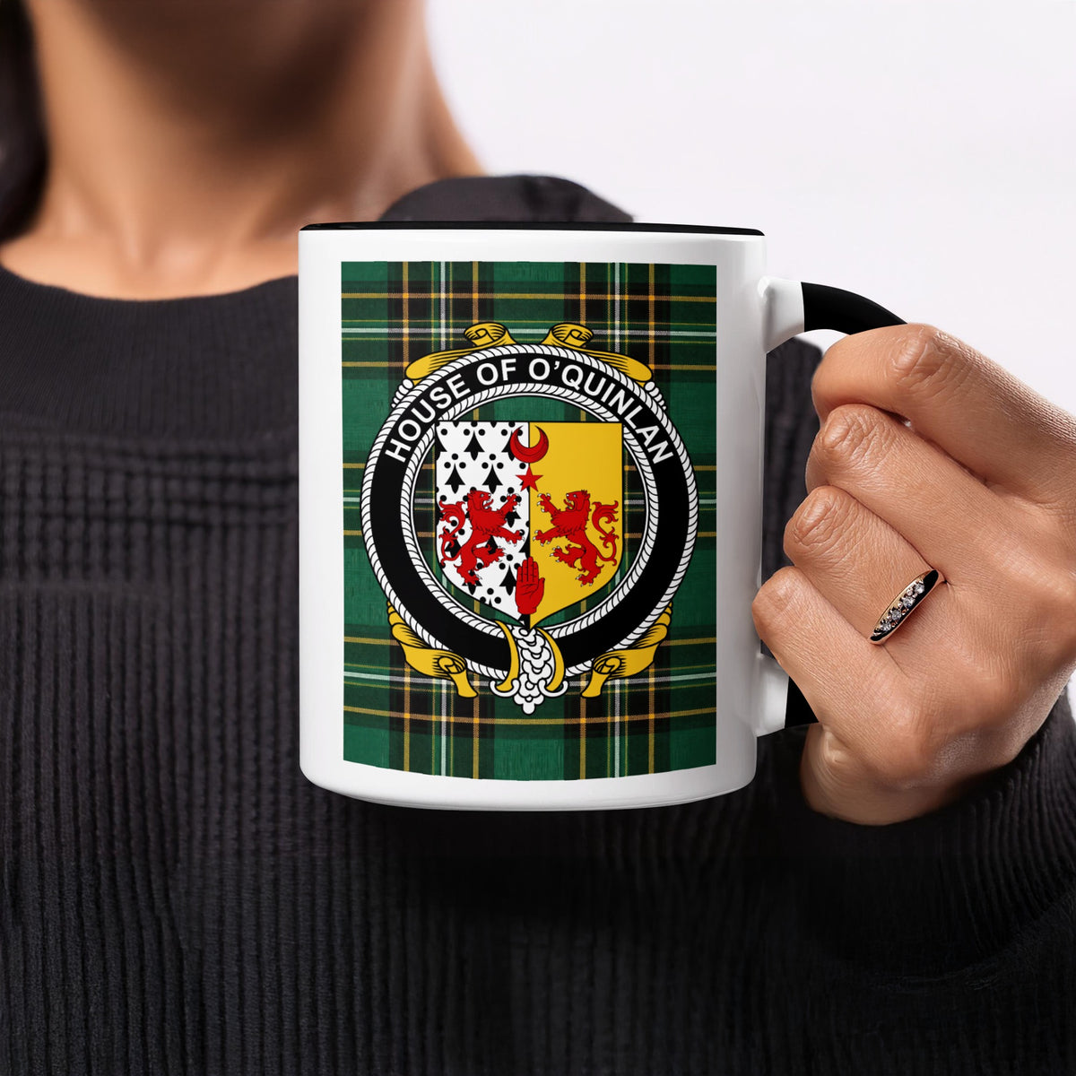 O'Quinlan Irish heritage ceramic mug showing tartan and surname emblem