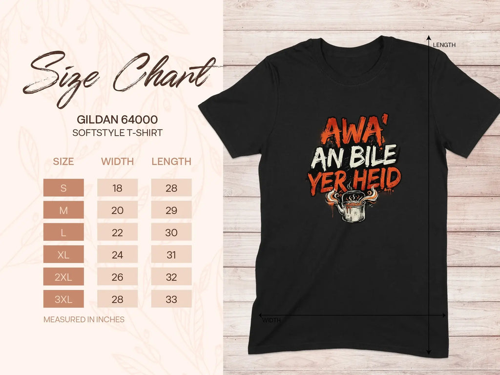 Gildan 64000 softstyle t-shirt size chart with printed graphic.