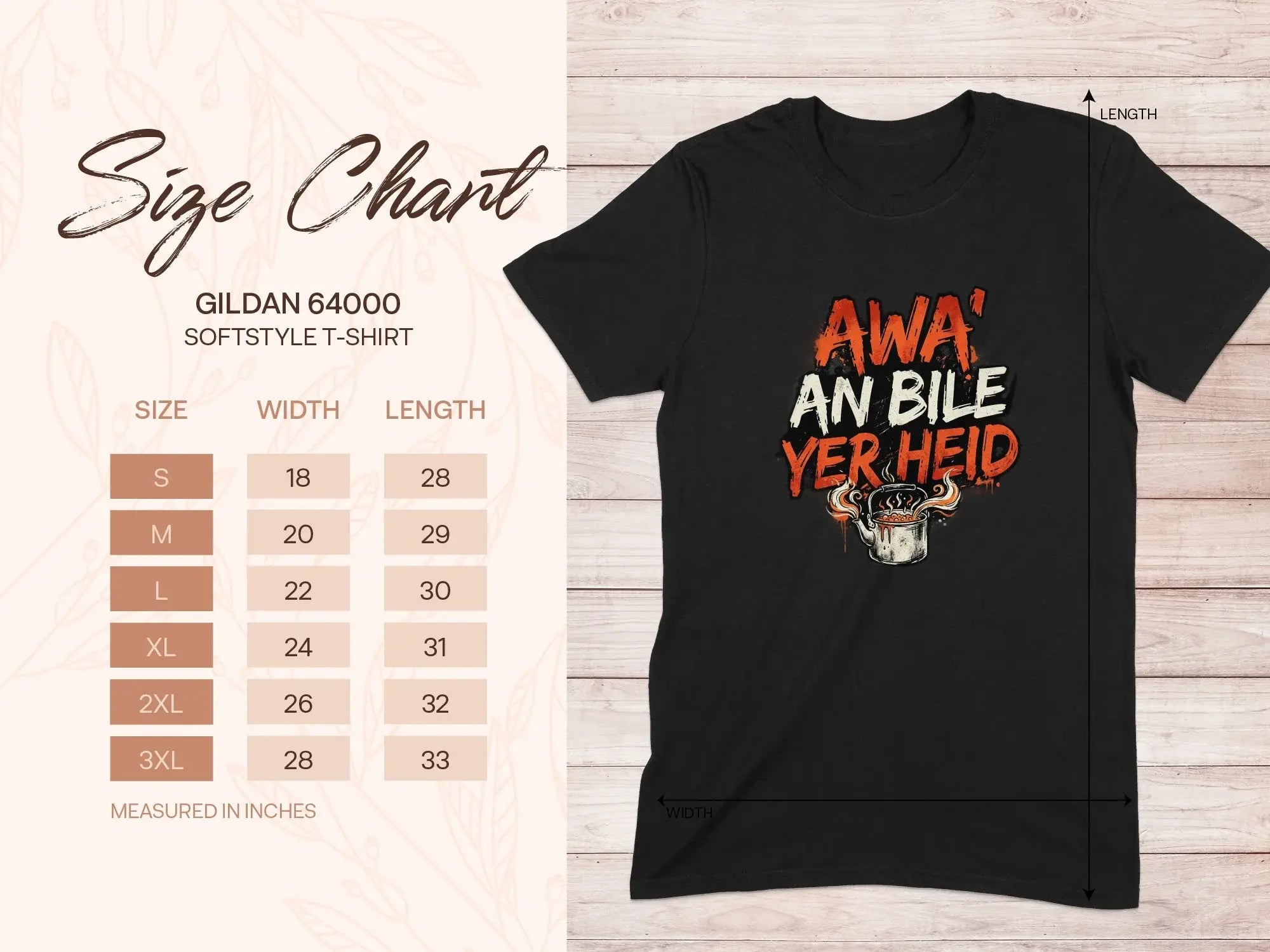 Gildan 64000 softstyle t-shirt size chart with printed graphic.