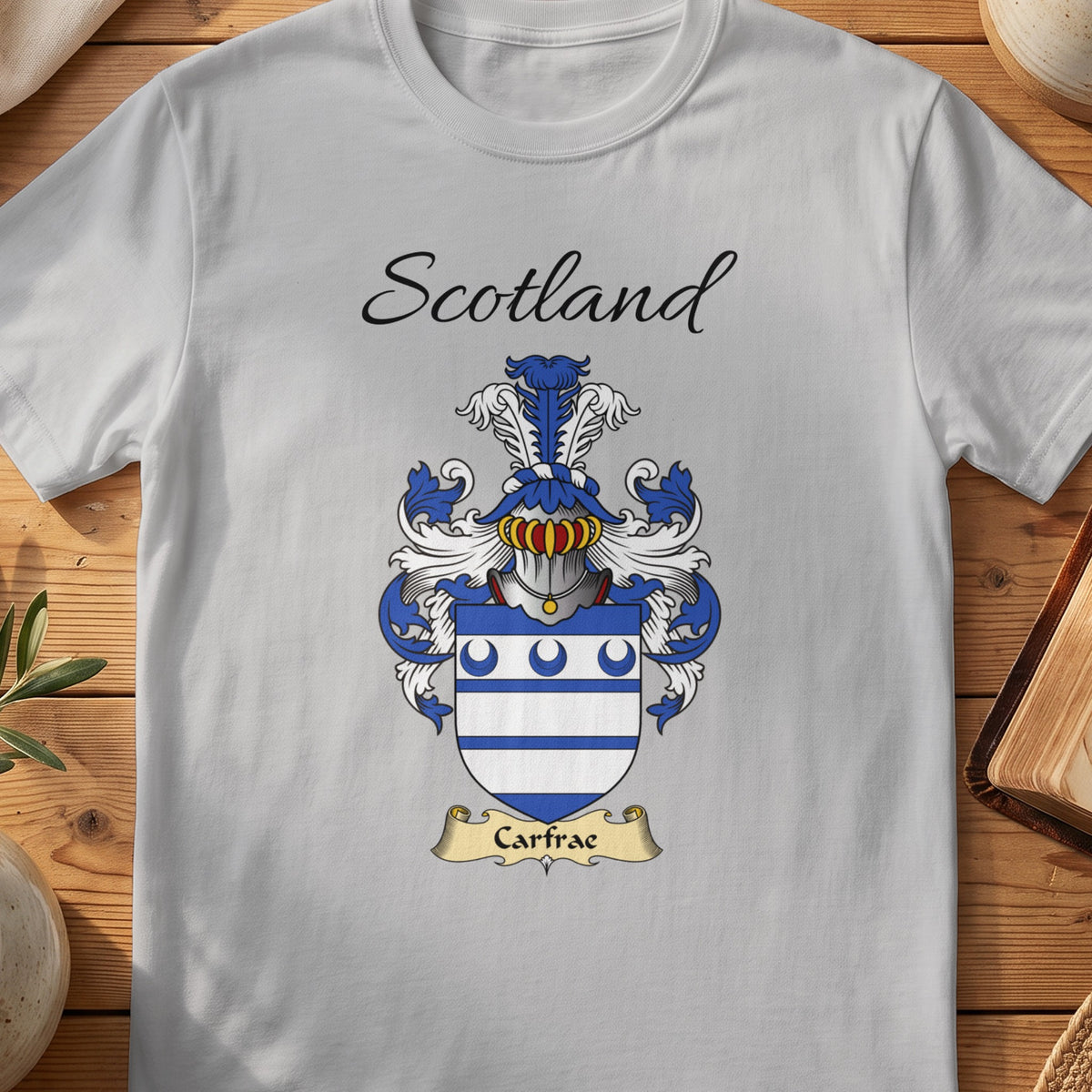 Sport Grey Carfrae Scottish family shield T-shirt featuring blue horizontal stripes beneath blue crescents
