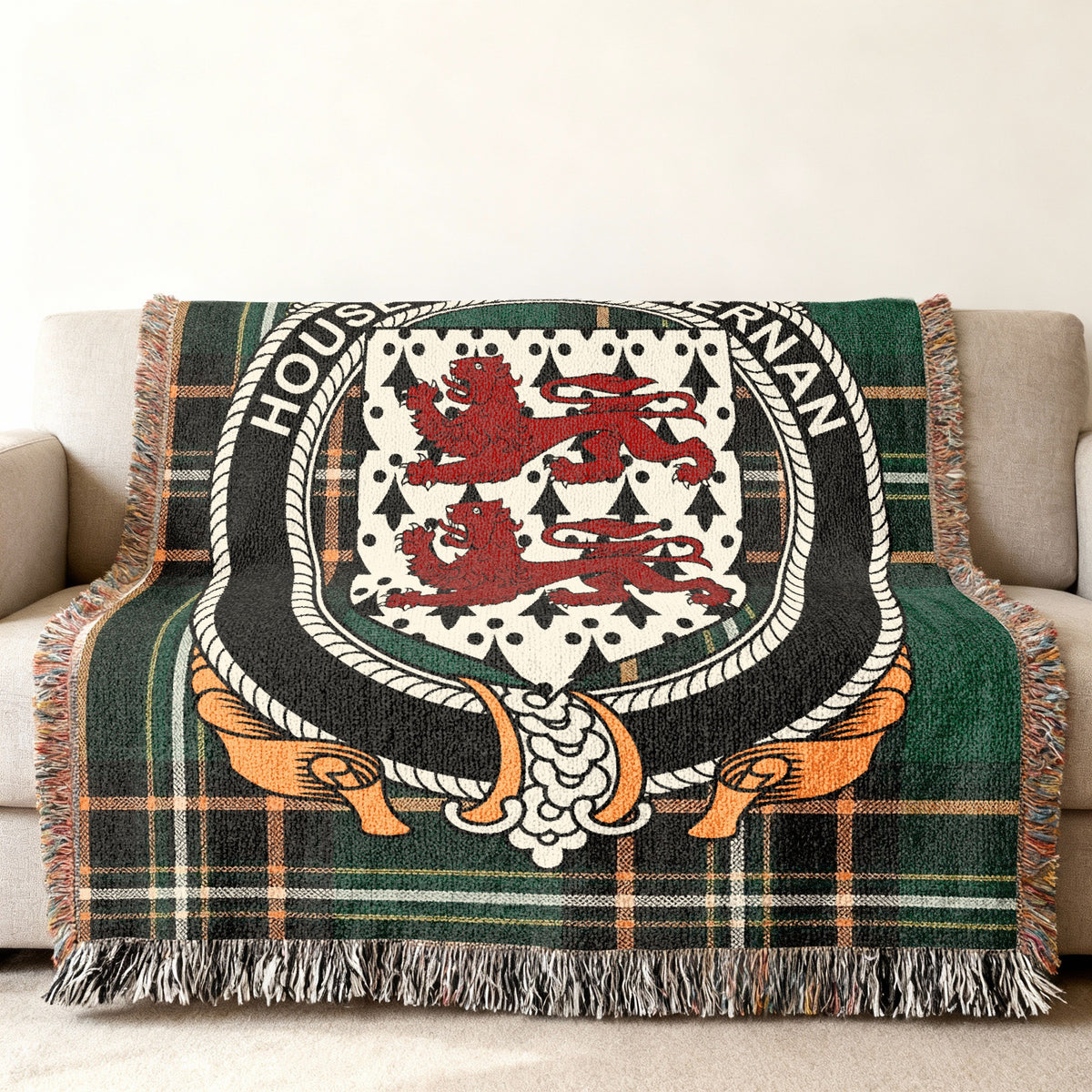 MacTiernan Irish National Tartan woven blanket displayed on a sofa