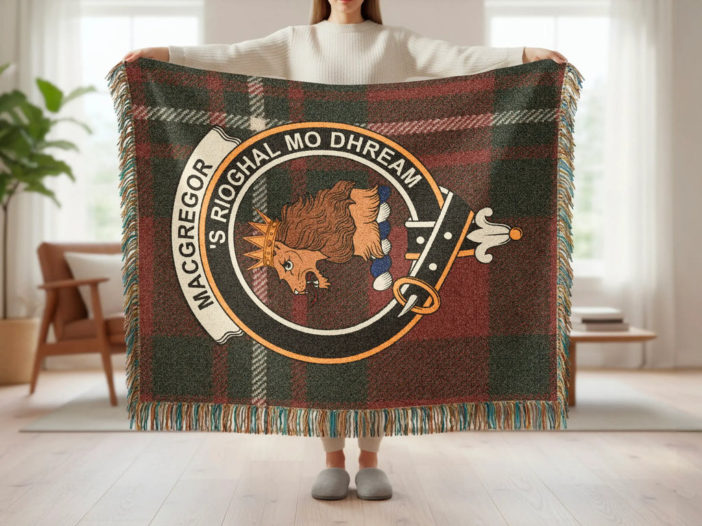 MacGregor clan tartan throw blanket with crest design — 100% cotton woven, fringe edges