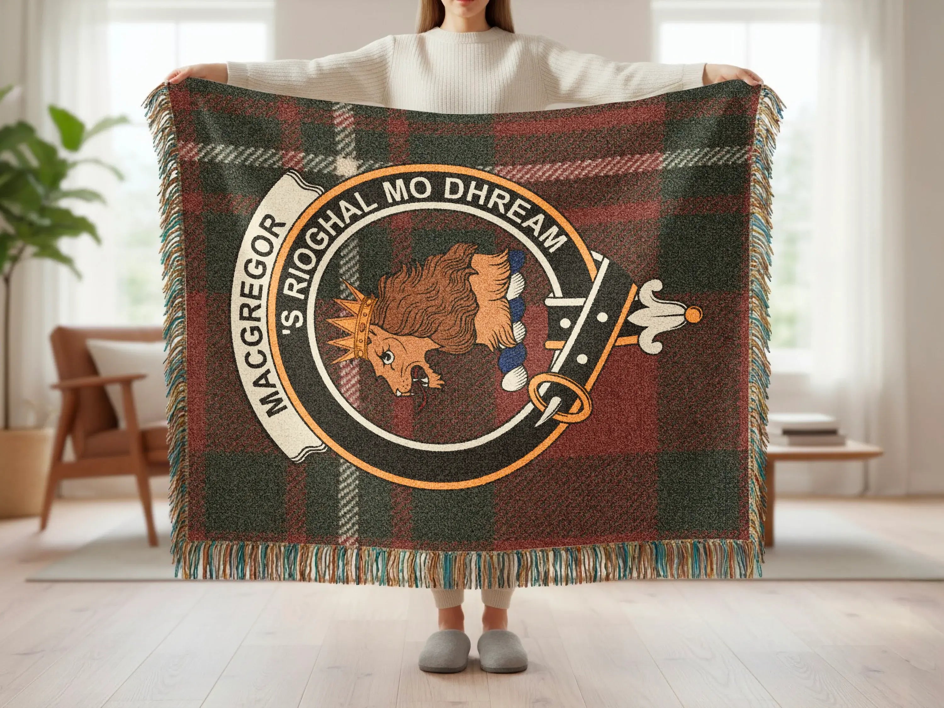 MacGregor clan tartan throw blanket with crest design — 100% cotton woven, fringe edges