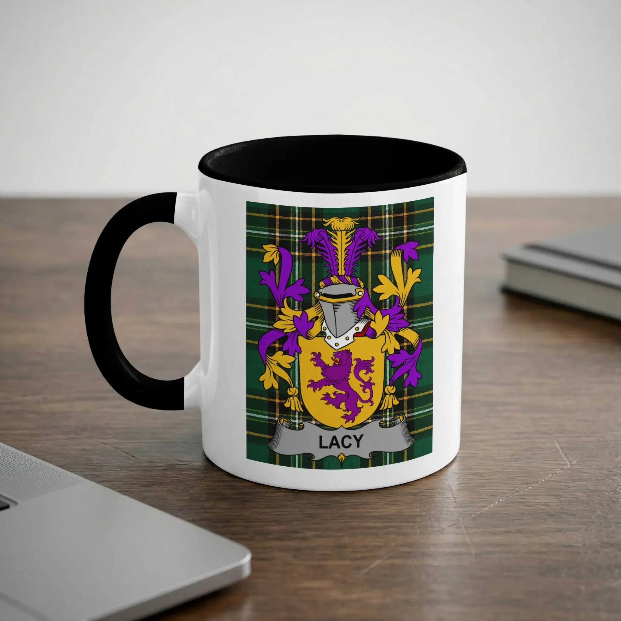 Lacy Irish heritage mug with black handle and family crest
