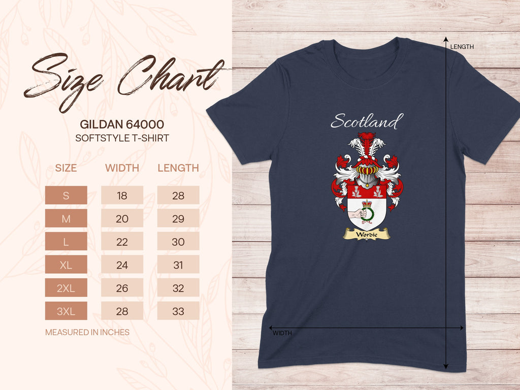 Model wearing the black Wordie Scottish surname T-shirt with family crest artwork.