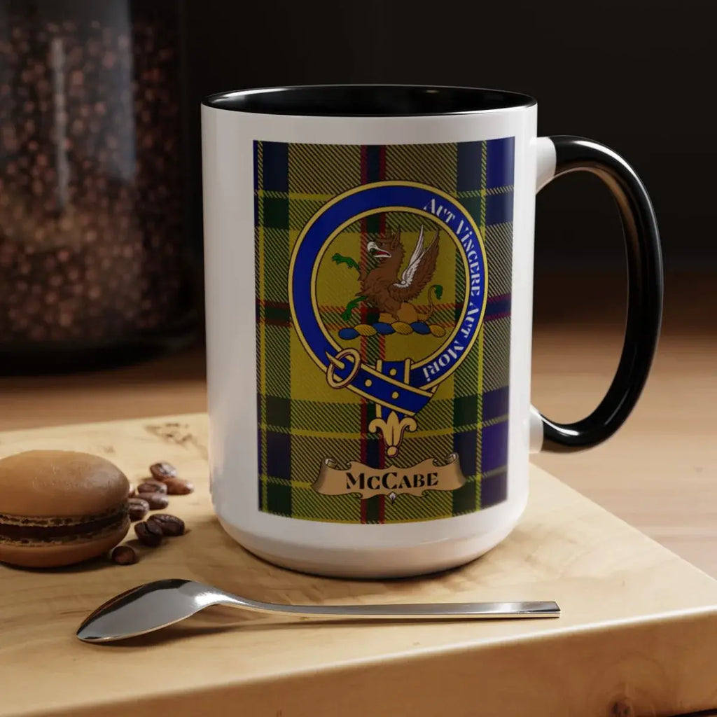 Close-up of the McCabe clan crest printed on a ceramic mug