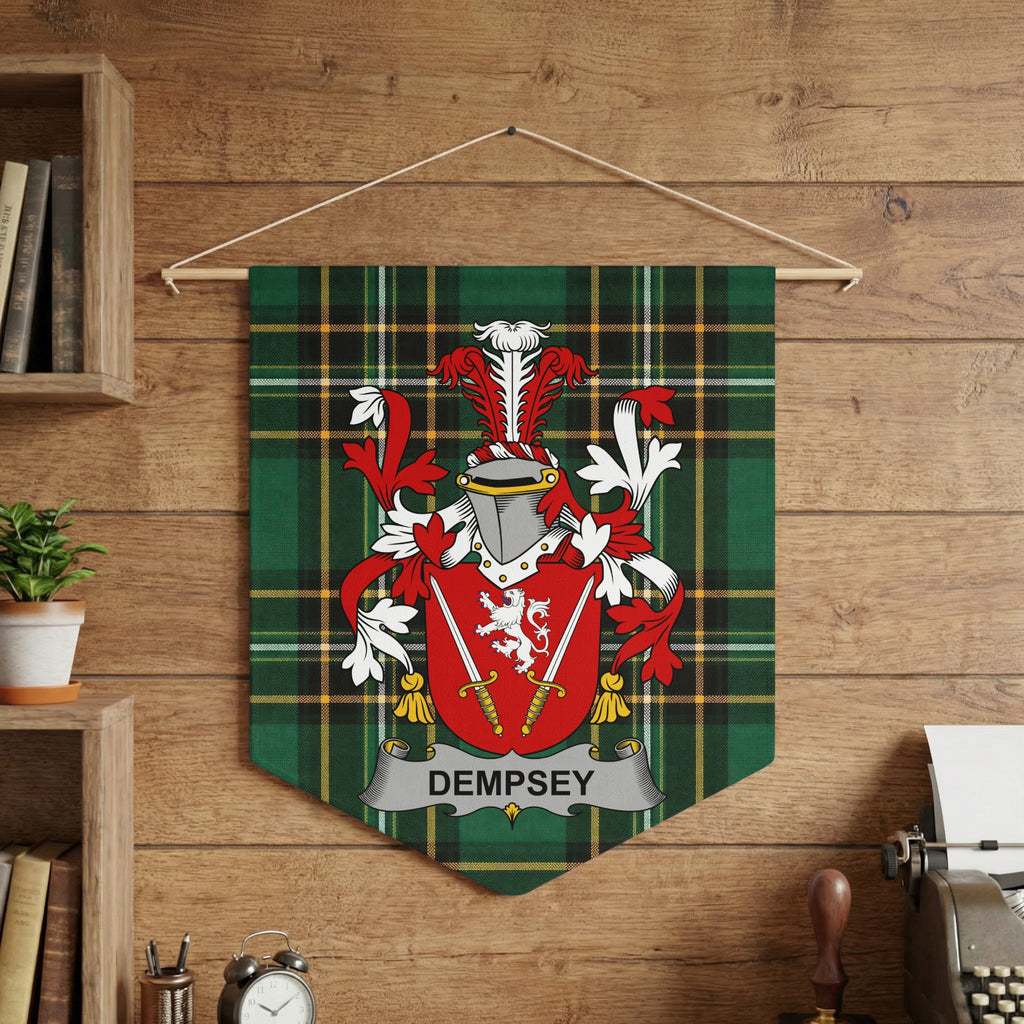 Dempsey family crest banner on a green tartan background.