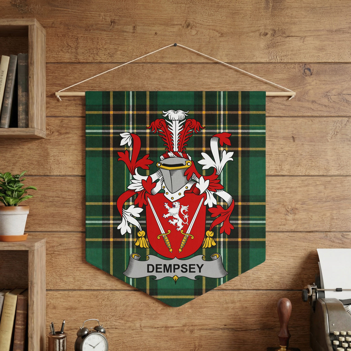 Dempsey family crest banner on a green tartan background.