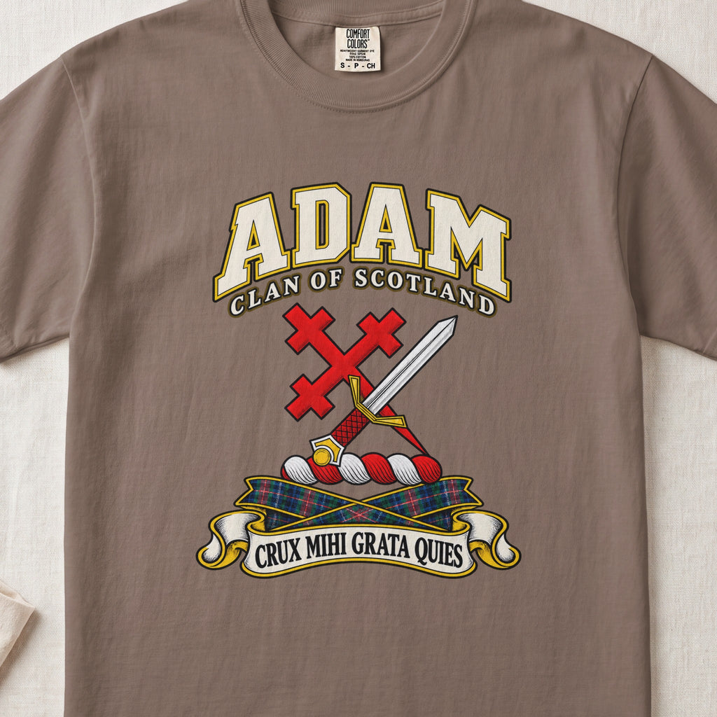 Adam Scottish clan T-shirt in Espresso, front view with a silver sword crossed with a red cross and motto banner.