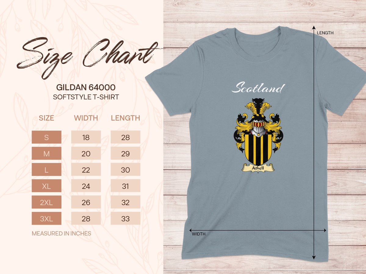 Gildan 64000 size chart for Athell Scottish family shield T-shirt