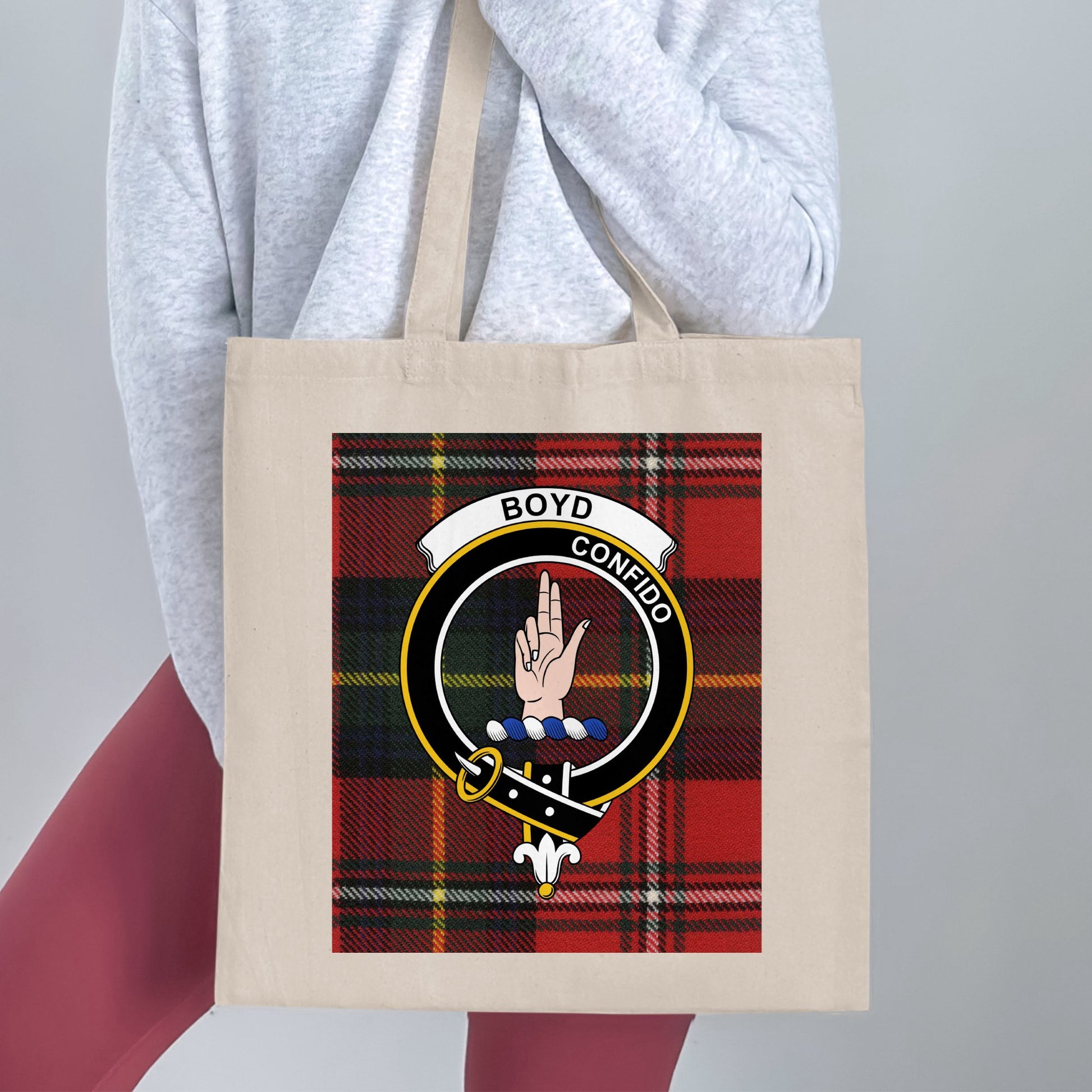 Boyd Clan Crest on Scottish Tartan Background Tote Bag - Living Stone Gifts