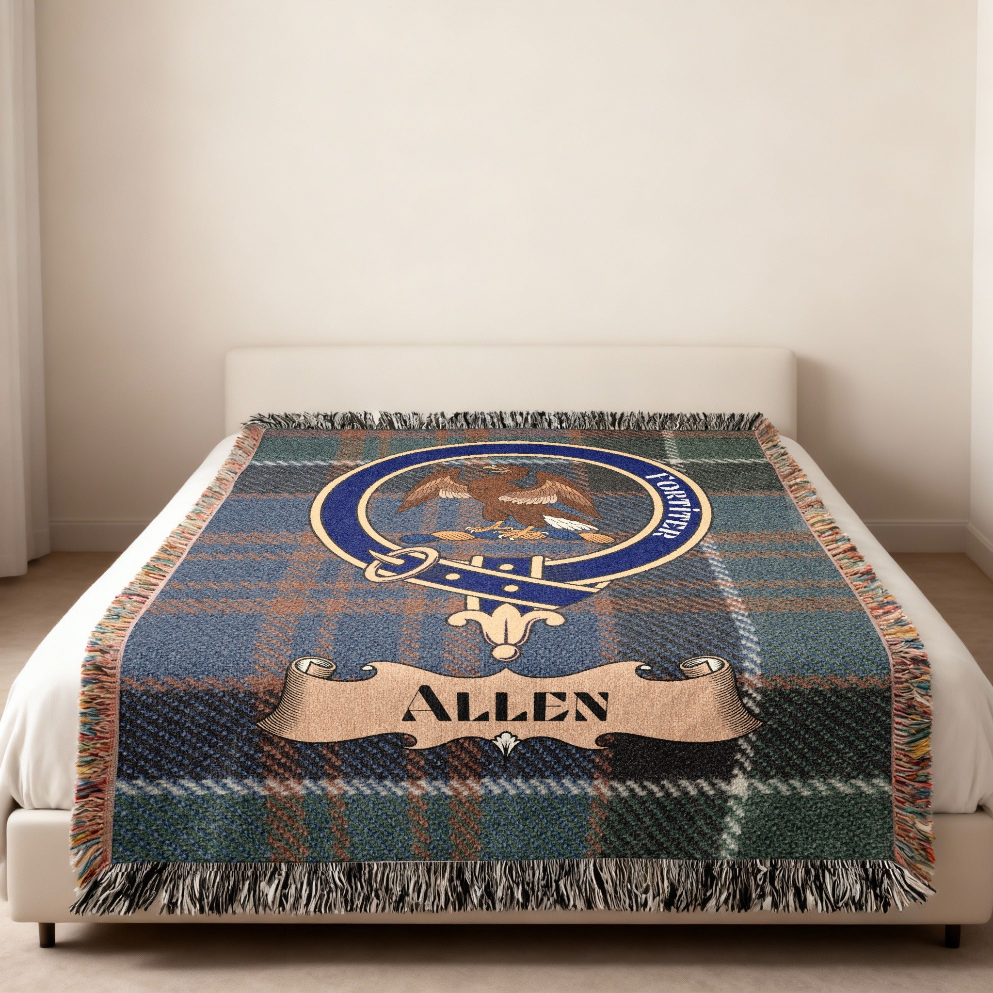 Allen family crest and name woven into tartan blanket on a bed