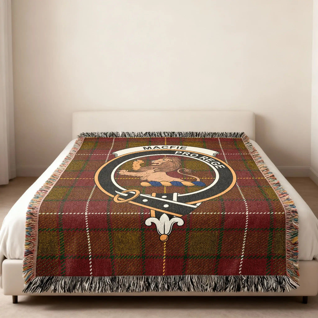 MacFie Pro Rege clan badge woven throw blanket — heirloom cotton tartan with lion motif