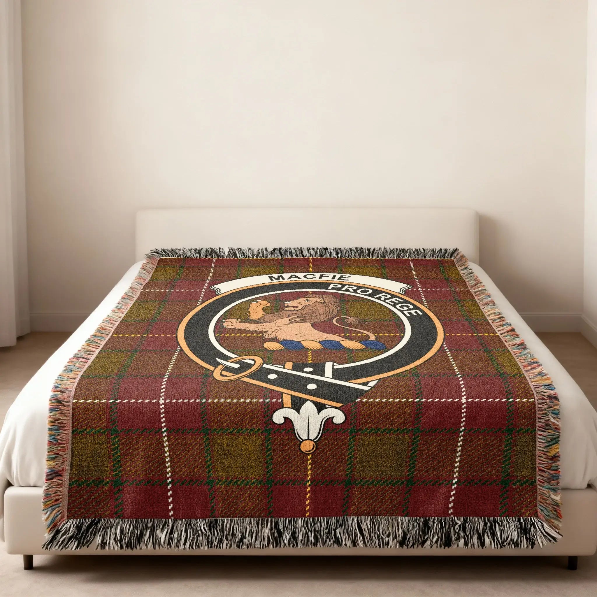 MacFie Pro Rege clan badge woven throw blanket — heirloom cotton tartan with lion motif