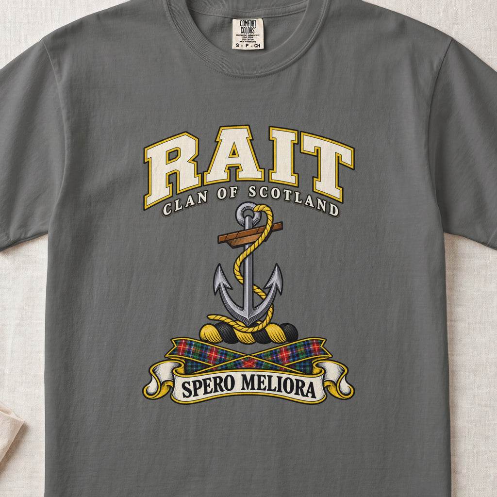 Rait Scottish clan T-shirt in Pepper, front view with an anchor with a coiled rope and motto banner.