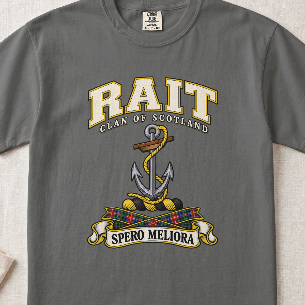 Rait Scottish clan T-shirt in Pepper, front view with an anchor with a coiled rope and motto banner.