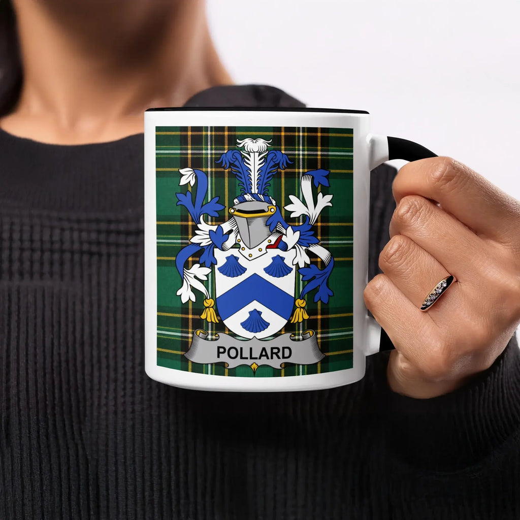 Mug with Pollard family crest on tartan background.