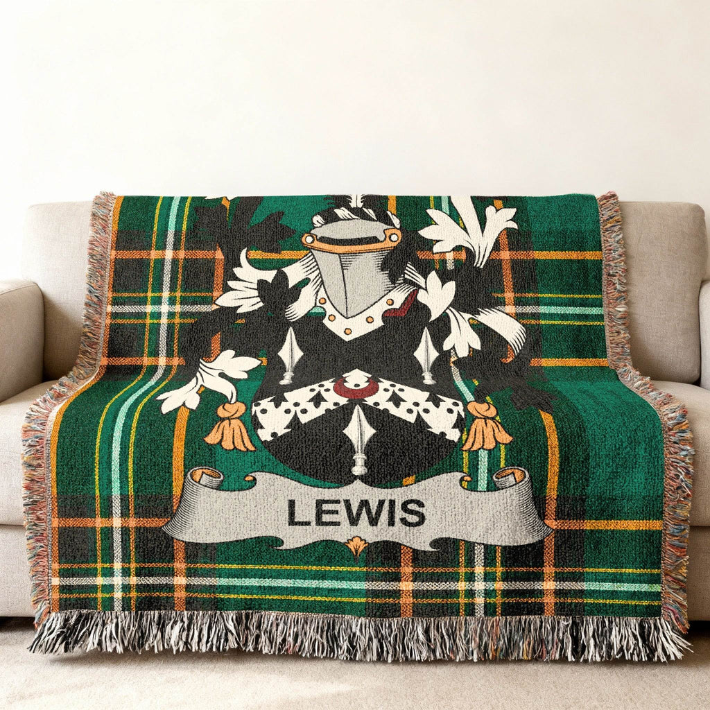 Green plaid throw blanket with Lewis family crest and name.