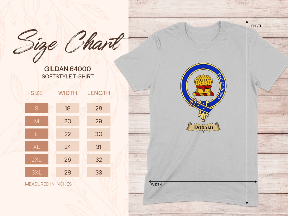 Gildan 64000 size chart for Donald Scottish clan crest T-shirt