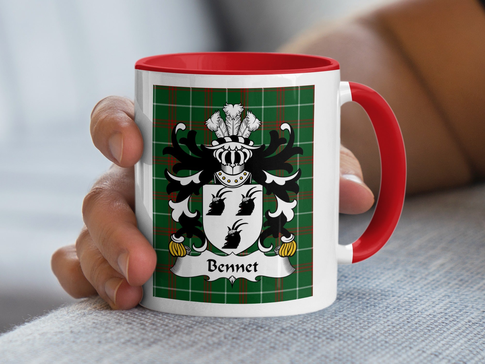 Bennet Welsh family crest mug on Welsh National Tartan