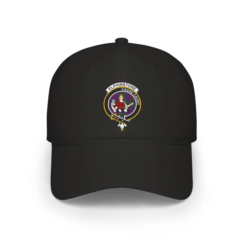 Clan Elphinstone crest baseball cap in black — low-profile cotton, printed clan crest and motto Cause Causit
