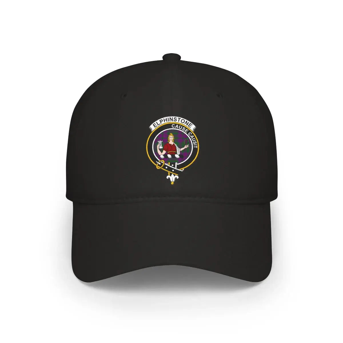 Clan Elphinstone crest baseball cap in black — low-profile cotton, printed clan crest and motto Cause Causit