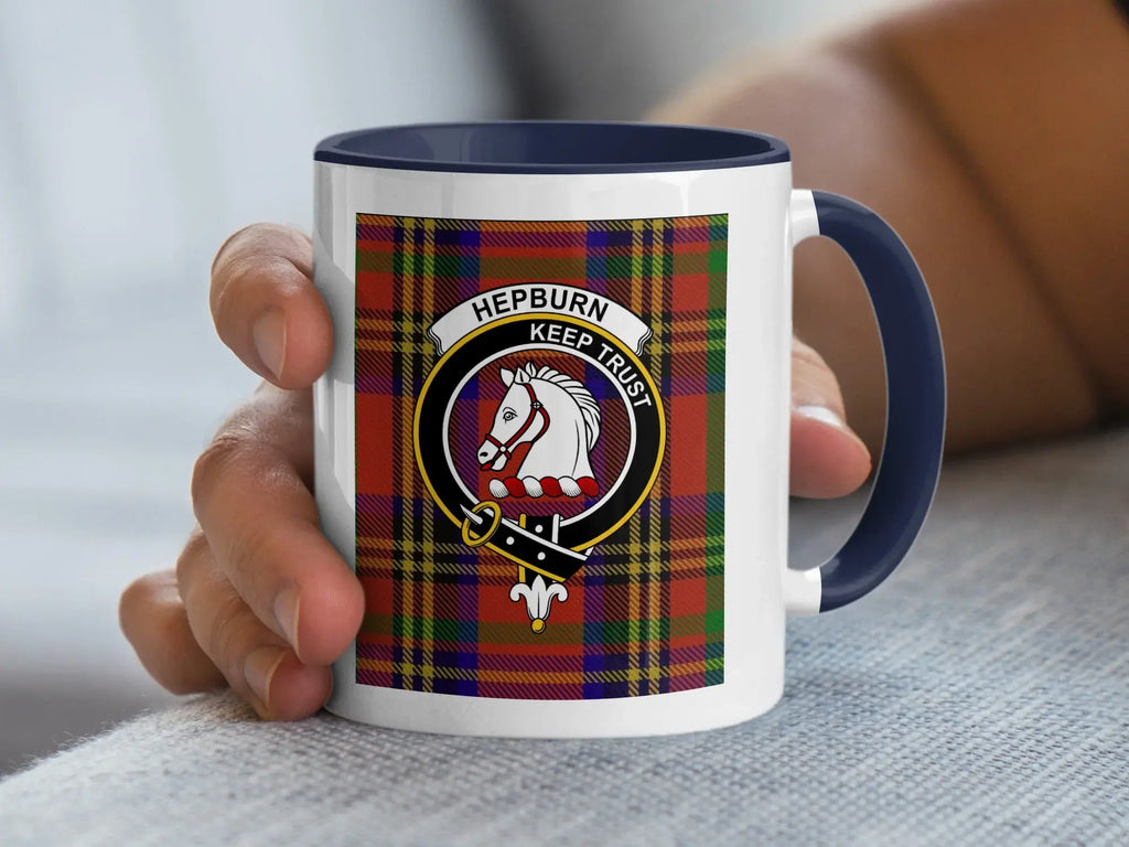Hepburn clan tartan accent mug — glossy ceramic, Keep Trust horse crest design, black handle