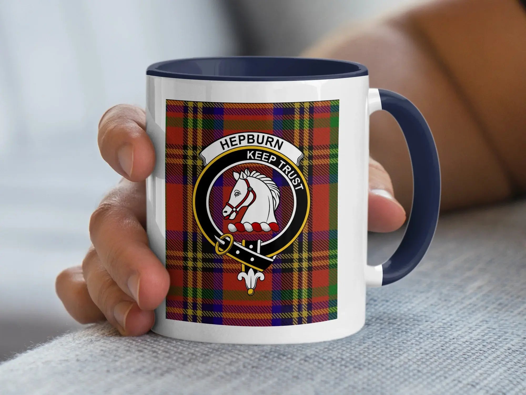Hepburn clan tartan accent mug — glossy ceramic, Keep Trust horse crest design, black handle